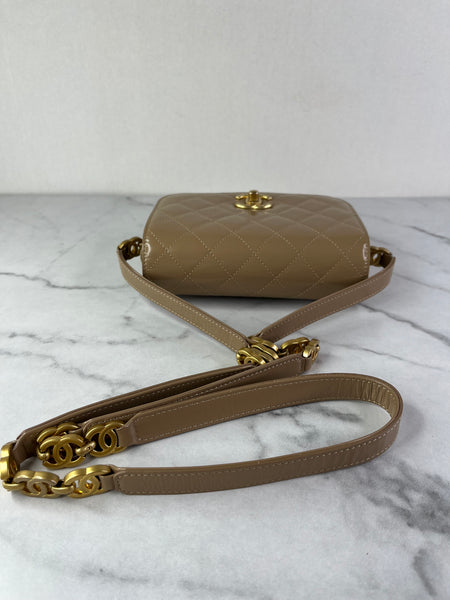 CHANEL Beige Quilted Shiny Calfskin/Suede Goatskin Mini Messenger Shoulder/Crossbody Bag
