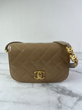 CHANEL Beige Quilted Shiny Calfskin/Suede Goatskin Mini Messenger Shoulder/Crossbody Bag
