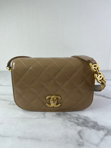 CHANEL Beige Quilted Shiny Calfskin/Suede Goatskin Mini Messenger Shoulder/Crossbody Bag
