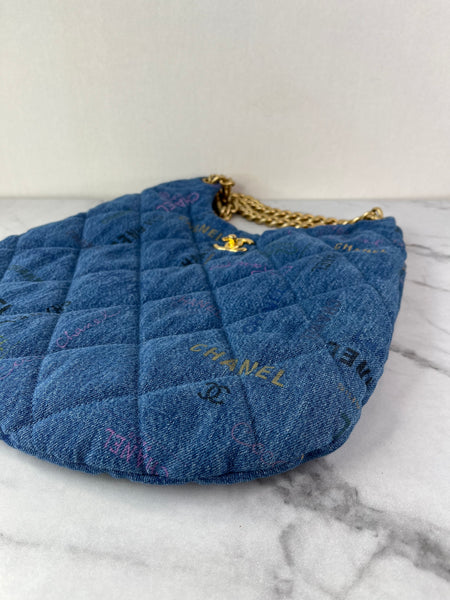 CHANEL Blue Denim Quilted Denim Mood Maxi Hobo Shoulder Bag