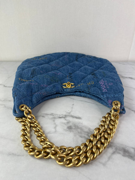 CHANEL Blue Denim Quilted Denim Mood Maxi Hobo Shoulder Bag
