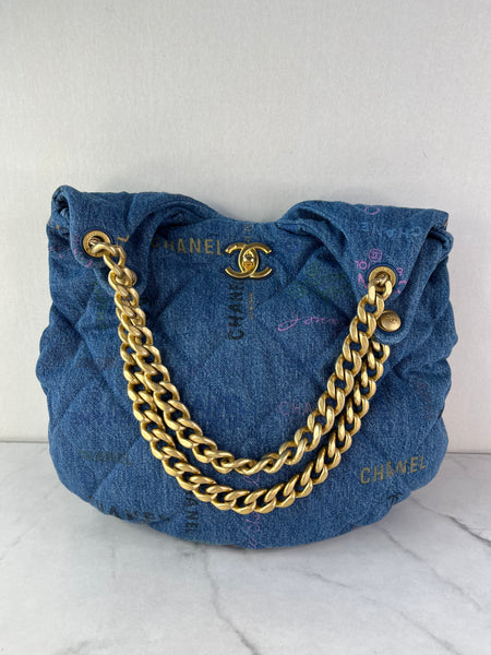 CHANEL Blue Denim Quilted Denim Mood Maxi Hobo Shoulder Bag