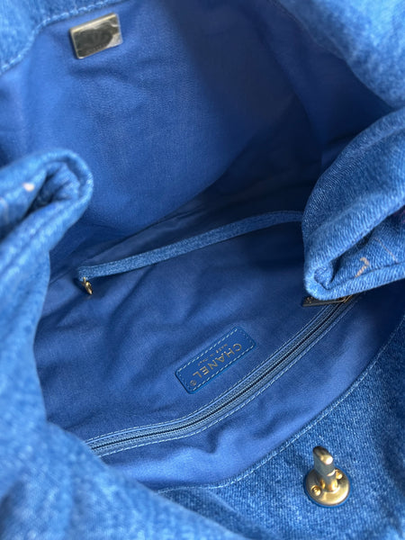 CHANEL Blue Denim Quilted Denim Mood Maxi Hobo Shoulder Bag