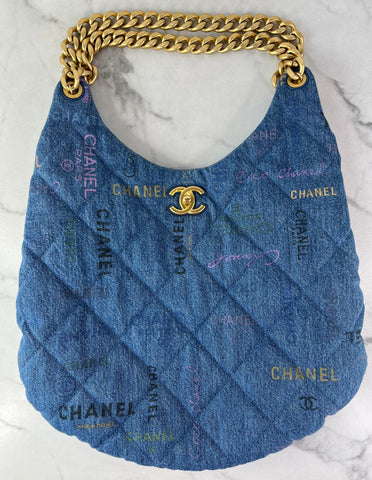 CHANEL Blue Denim Quilted Denim Mood Maxi Hobo Shoulder Bag