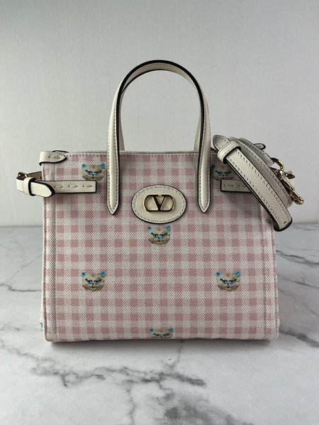Valentino Pink/Ivory Antibes Small Shopping Crossbody/Shoulder Bag In Vichy Le Chat De La Maison Canvas
