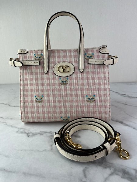 Valentino Pink/Ivory Antibes Small Shopping Crossbody/Shoulder Bag In Vichy Le Chat De La Maison Canvas