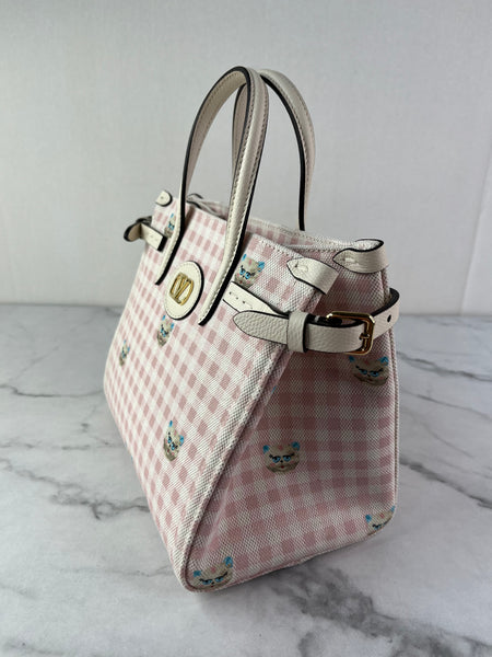 Valentino Pink/Ivory Antibes Small Shopping Crossbody/Shoulder Bag In Vichy Le Chat De La Maison Canvas