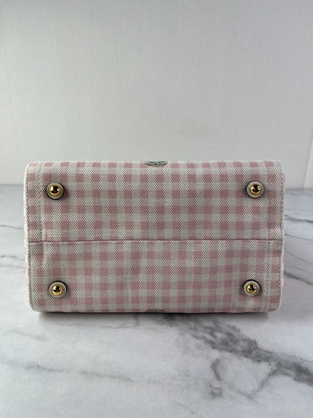 Valentino Pink/Ivory Antibes Small Shopping Crossbody/Shoulder Bag In Vichy Le Chat De La Maison Canvas