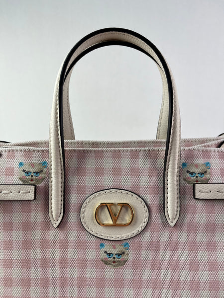 Valentino Pink/Ivory Antibes Small Shopping Crossbody/Shoulder Bag In Vichy Le Chat De La Maison Canvas