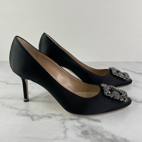 MANOLO BLAHNIK Black HANGISI 70 Satin Pumps Size 38.5