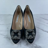 MANOLO BLAHNIK Black HANGISI 70 Satin Pumps Size 38.5