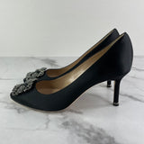 MANOLO BLAHNIK Black HANGISI 70 Satin Pumps Size 38.5