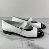 CHANEL Black/White CC Logo MARY JANES Patent Toe Flats Size 38.5