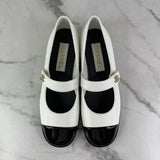 CHANEL Black/White CC Logo MARY JANES Patent Toe Flats Size 38.5