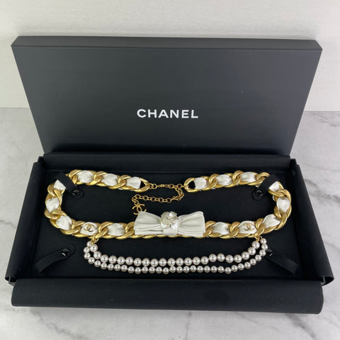 Chanel Camellia Bow Multistrand Pearl Gold Chain Waist Belt