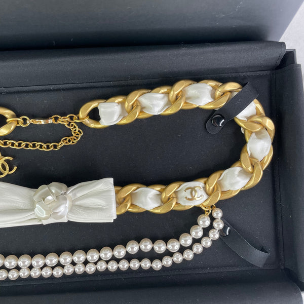 Chanel Camellia Bow Multistrand Pearl Gold Chain Waist Belt