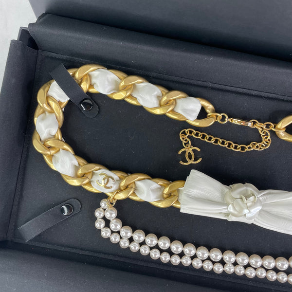 Chanel Camellia Bow Multistrand Pearl Gold Chain Waist Belt