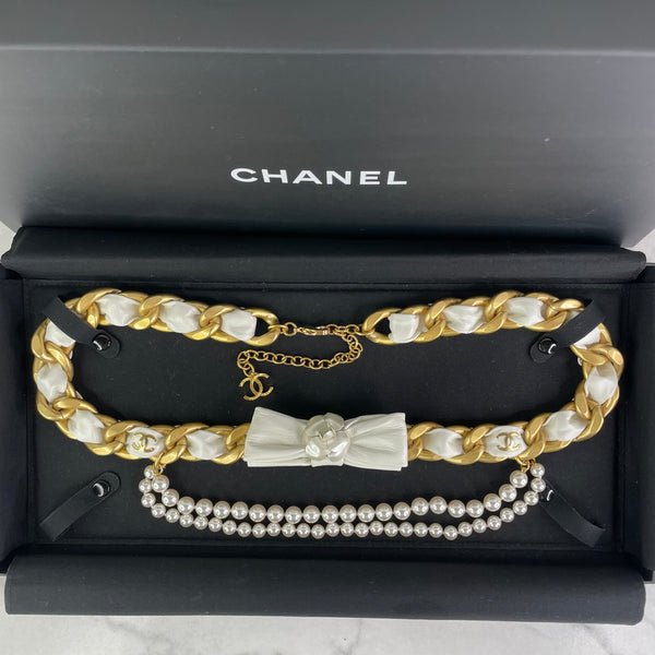 Chanel Camellia Bow Multistrand Pearl Gold Chain Waist Belt