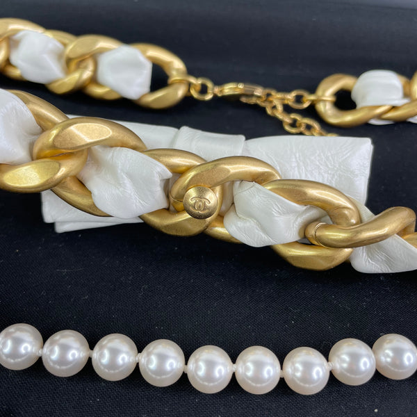 Chanel Camellia Bow Multistrand Pearl Gold Chain Waist Belt