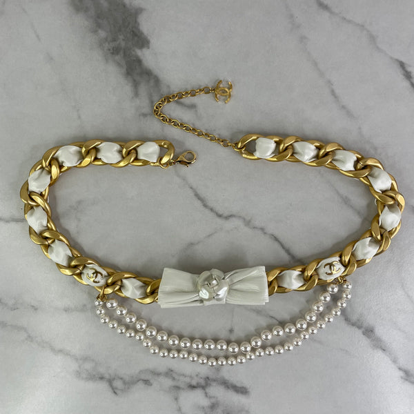 Chanel Camellia Bow Multistrand Pearl Gold Chain Waist Belt