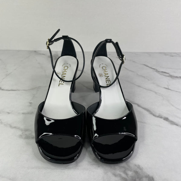 CHANEL 2024 CC Black Patent Ankle Strap Sandals Size 38.5