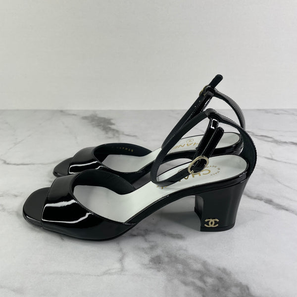 CHANEL 2024 CC Black Patent Ankle Strap Sandals Size 38.5