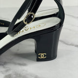 CHANEL 2024 CC Black Patent Ankle Strap Sandals Size 38.5