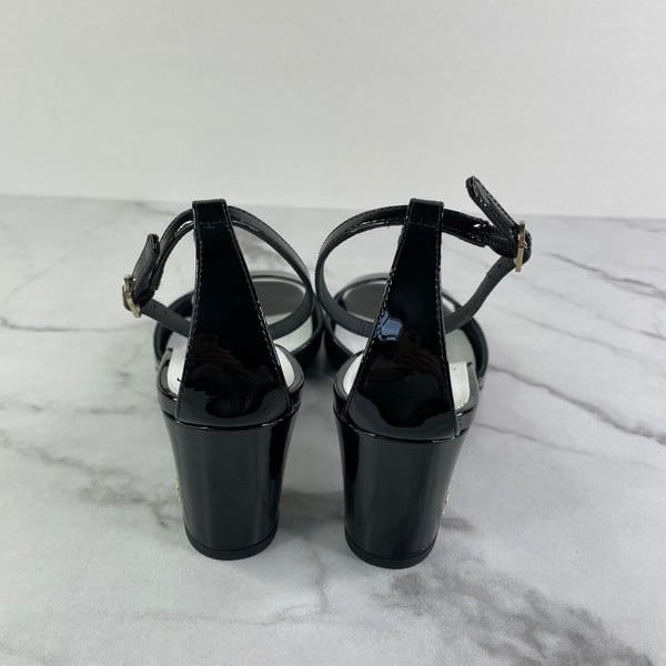 CHANEL 2024 CC Black Patent Ankle Strap Sandals Size 38.5