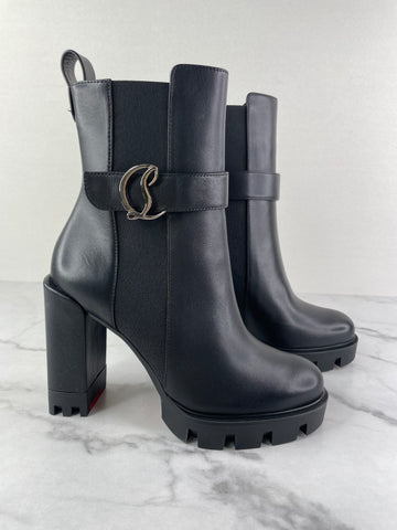 CHRISTIAN LOUBOUTIN Black Calf Leather CL Chelsea Lug 100mm Boots Size 36