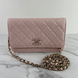 CHANEL Light Pink Caviar (Shiny Grained Calfskin) Enamel, Strass & Gold-Tone Metal Wallet on Chain Crossbody/Shoulder Bag