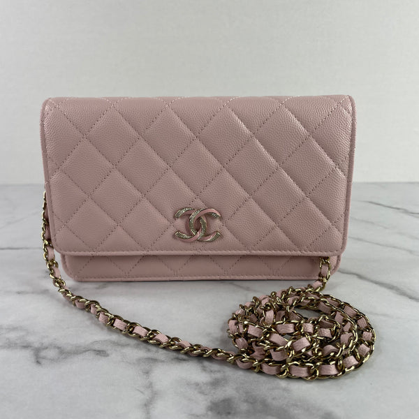 CHANEL Light Pink Caviar (Shiny Grained Calfskin) Enamel, Strass & Gold-Tone Metal Wallet on Chain Crossbody/Shoulder Bag