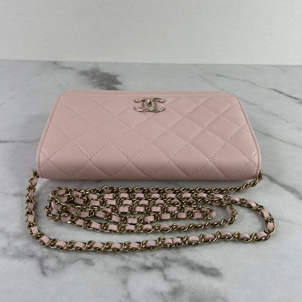 CHANEL Light Pink Caviar (Shiny Grained Calfskin) Enamel, Strass & Gold-Tone Metal Wallet on Chain Crossbody/Shoulder Bag