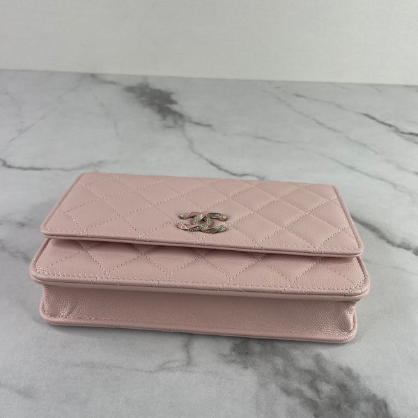 CHANEL Light Pink Caviar (Shiny Grained Calfskin) Enamel, Strass & Gold-Tone Metal Wallet on Chain Crossbody/Shoulder Bag