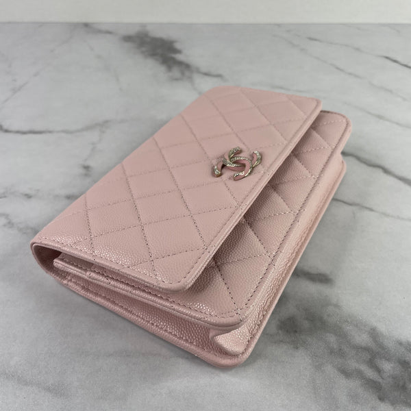 CHANEL Light Pink Caviar (Shiny Grained Calfskin) Enamel, Strass & Gold-Tone Metal Wallet on Chain Crossbody/Shoulder Bag