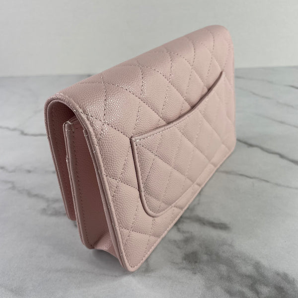 CHANEL Light Pink Caviar (Shiny Grained Calfskin) Enamel, Strass & Gold-Tone Metal Wallet on Chain Crossbody/Shoulder Bag