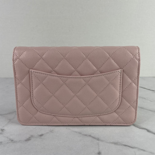 CHANEL Light Pink Caviar (Shiny Grained Calfskin) Enamel, Strass & Gold-Tone Metal Wallet on Chain Crossbody/Shoulder Bag