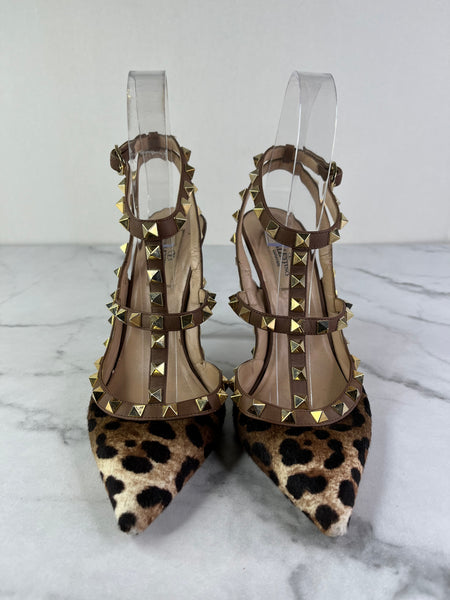 Valentino Brown Leopard Print Calfhair and Leather Rockstud Caged Sandals Size 37