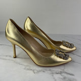 MANOLO BLAHNIK Gold HANGISI 90 Satin Pumps Size 38