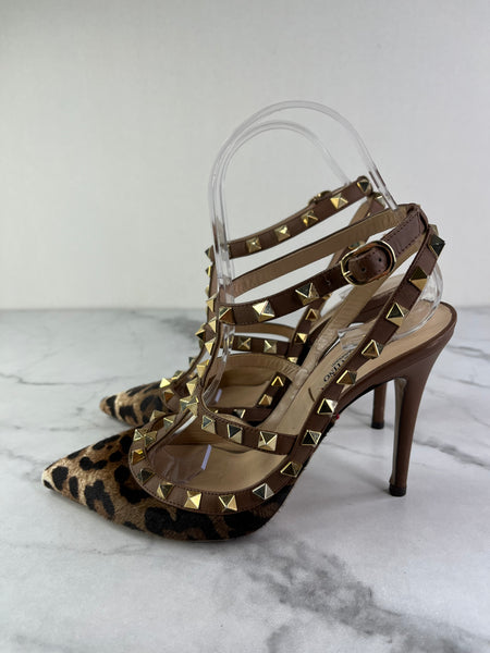 Valentino Brown Leopard Print Calfhair and Leather Rockstud Caged Sandals Size 37