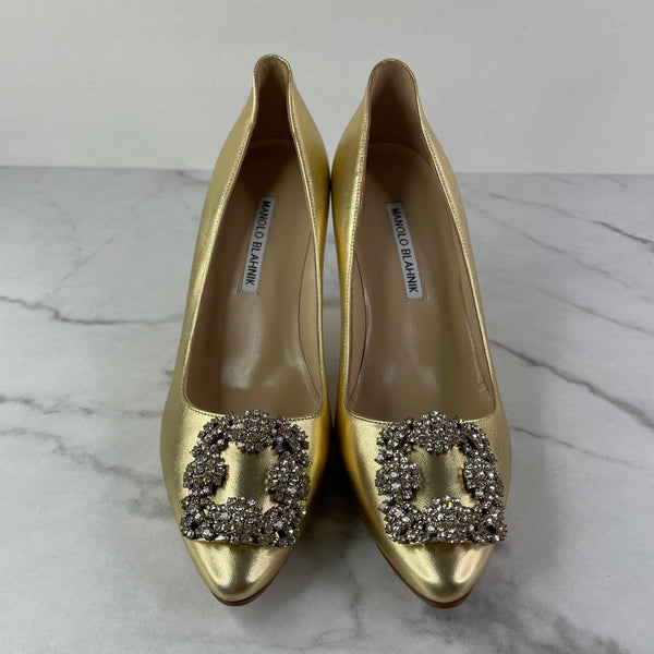 MANOLO BLAHNIK Gold HANGISI 90 Satin Pumps Size 38