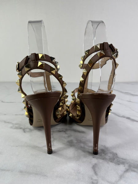 Valentino Brown Leopard Print Calfhair and Leather Rockstud Caged Sandals Size 37