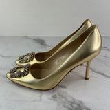 MANOLO BLAHNIK Gold HANGISI 90 Satin Pumps Size 38