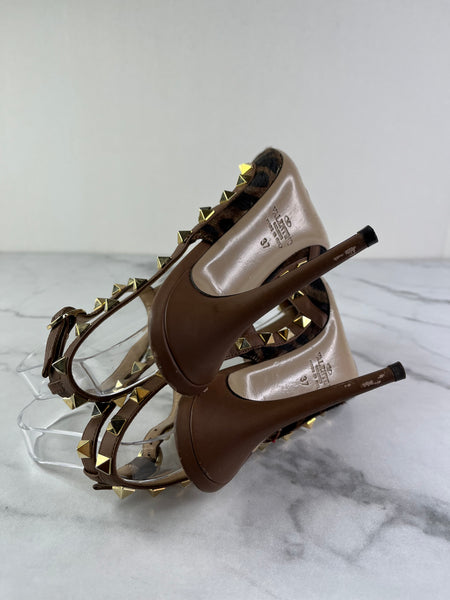 Valentino Brown Leopard Print Calfhair and Leather Rockstud Caged Sandals Size 37