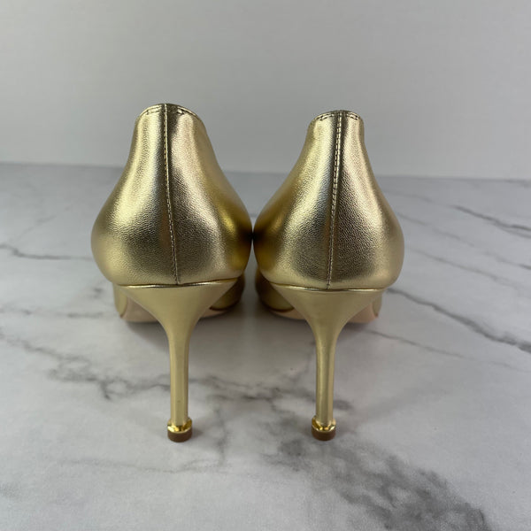 MANOLO BLAHNIK Gold HANGISI 90 Satin Pumps Size 38