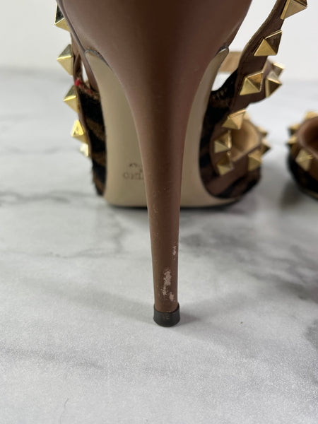 Valentino Brown Leopard Print Calfhair and Leather Rockstud Caged Sandals Size 37