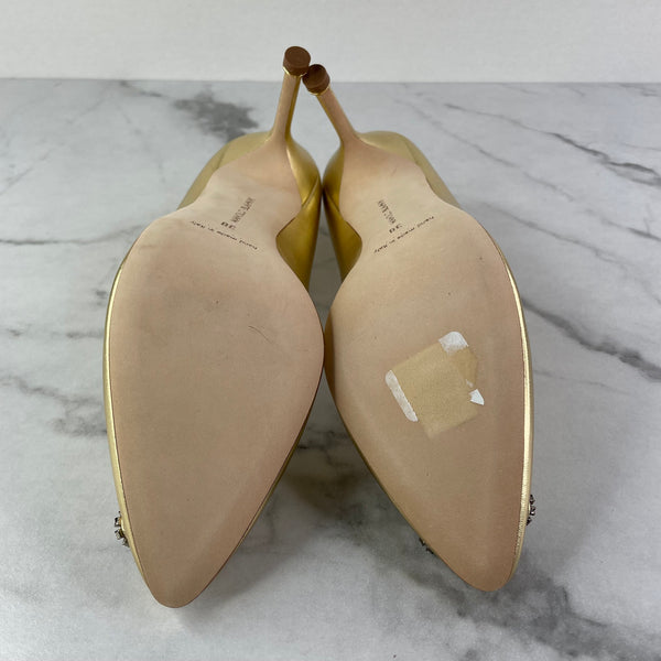 MANOLO BLAHNIK Gold HANGISI 90 Satin Pumps Size 38