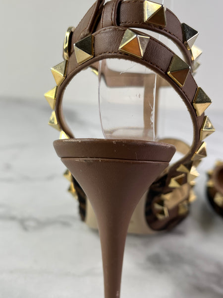 Valentino Brown Leopard Print Calfhair and Leather Rockstud Caged Sandals Size 37