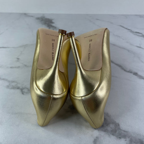 MANOLO BLAHNIK Gold HANGISI 90 Satin Pumps Size 38