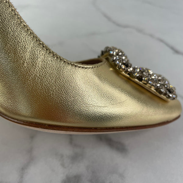 MANOLO BLAHNIK Gold HANGISI 90 Satin Pumps Size 38