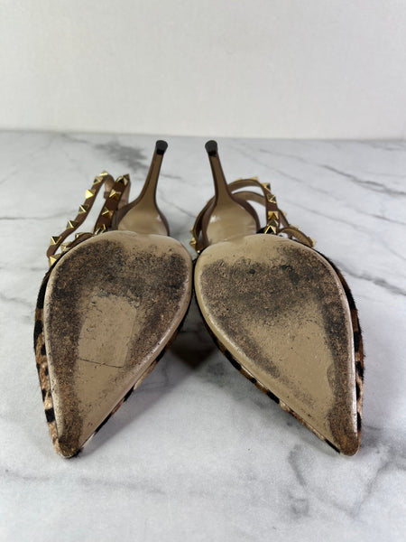 Valentino Brown Leopard Print Calfhair and Leather Rockstud Caged Sandals Size 37